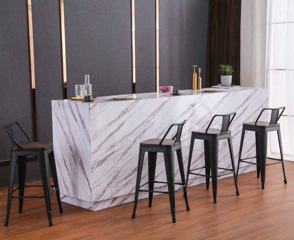 Bar Stool: Set of 4 Counter Bar Stools with Wood Top Low Back Matte Black