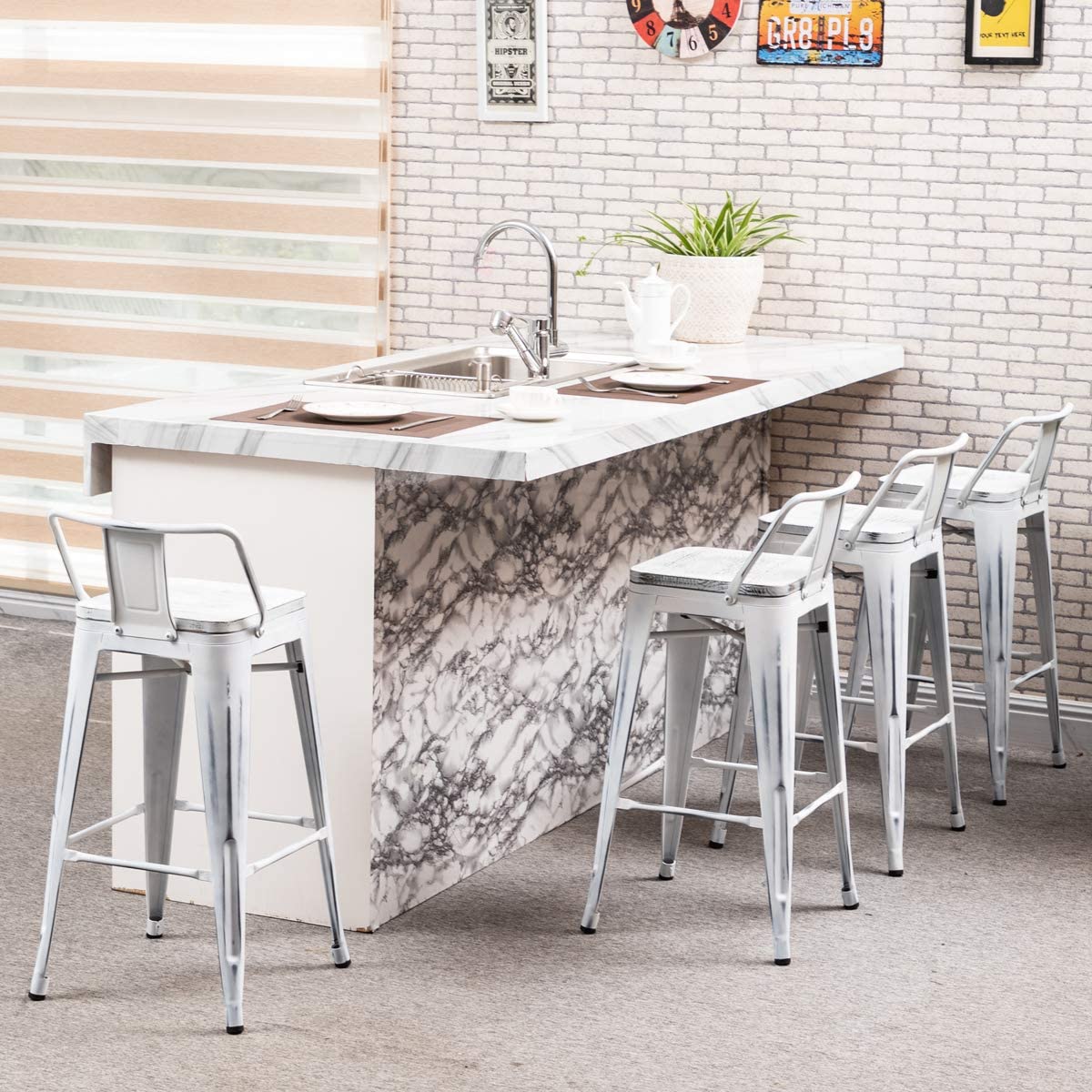 Bar Stool: Set of 4 Counter Bar Stools with Wood Top Low Back Matte Black
