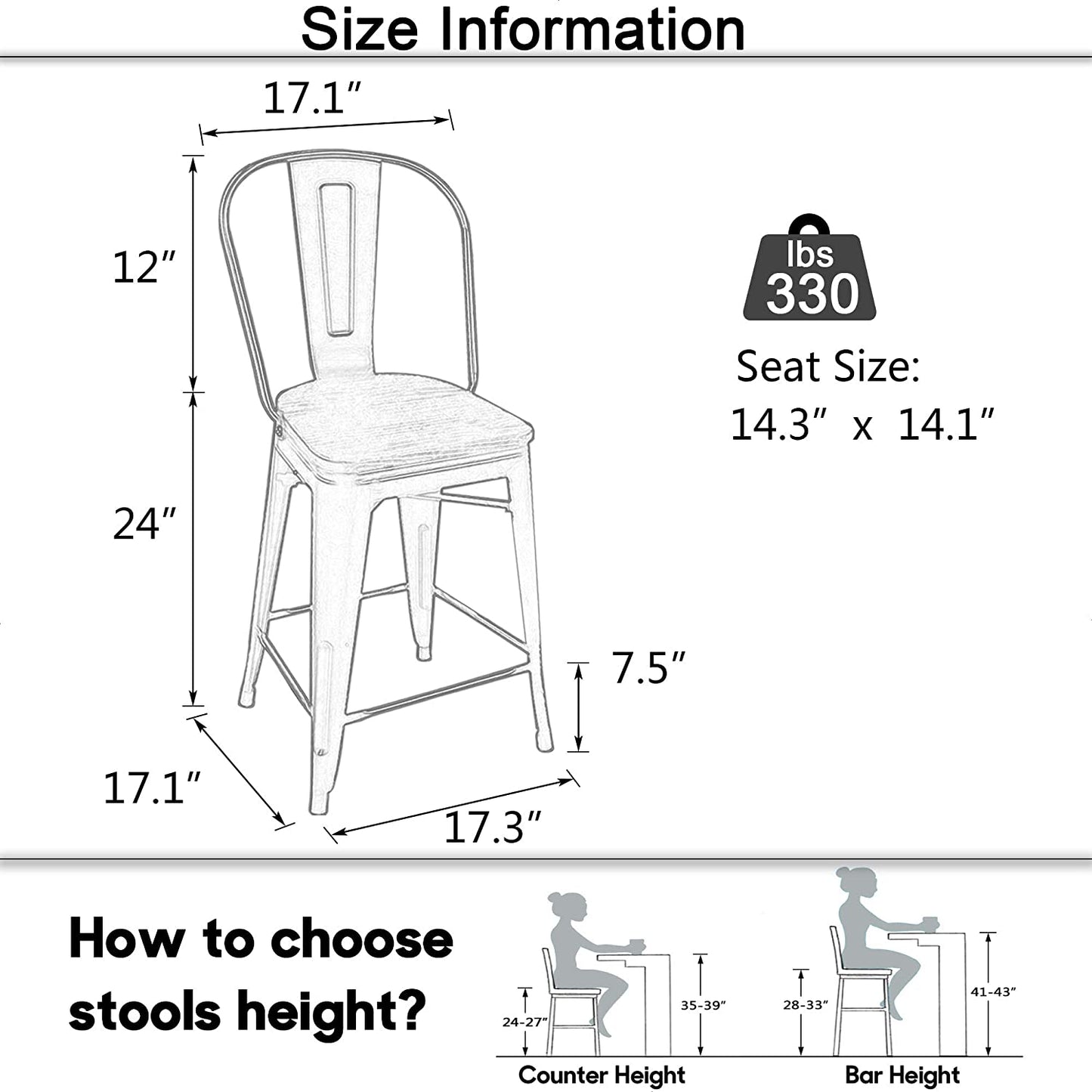 Bar Stools: High Back Bar Chairs 24 Inch Matte Black