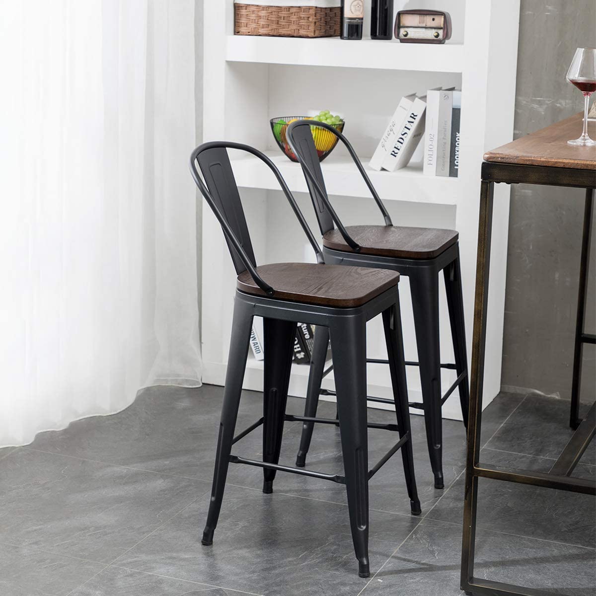 Bar Stools: High Back Bar Chairs 24 Inch Matte Black