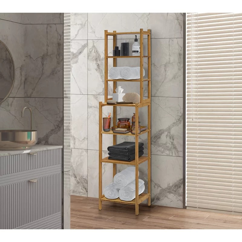 Bathroom Cabinets: 14.5'' W x 63.75'' H x 12'' D Solid Wood Free-Standing Bathroom Shelves