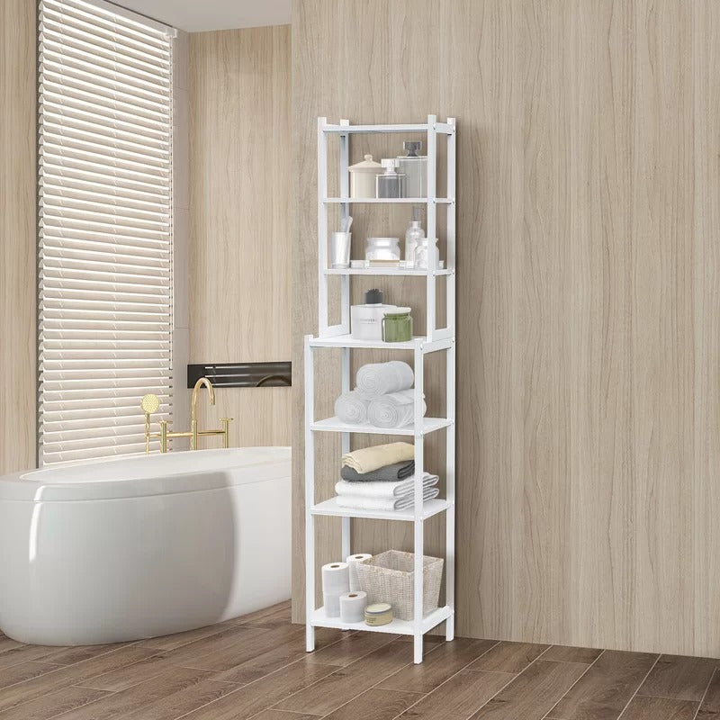 Bathroom Cabinets: 14.5'' W x 63.75'' H x 12'' D Solid Wood Free-Standing Bathroom Shelves