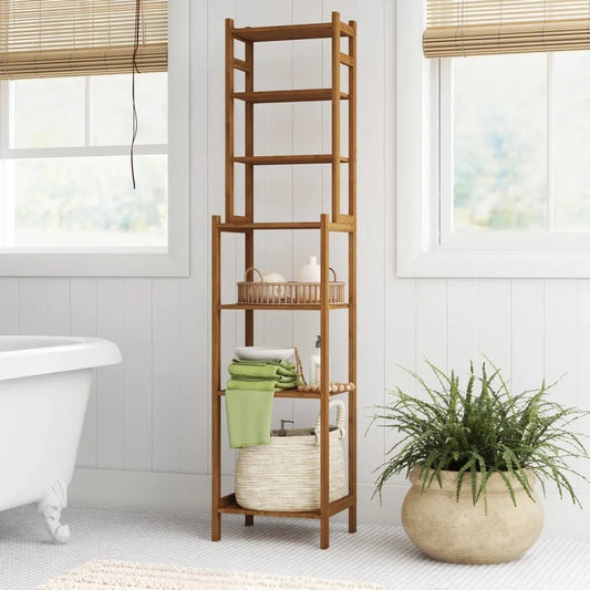 Bathroom Cabinets: 14.5'' W x 63.75'' H x 12'' D Solid Wood Free-Standing Bathroom Shelves
