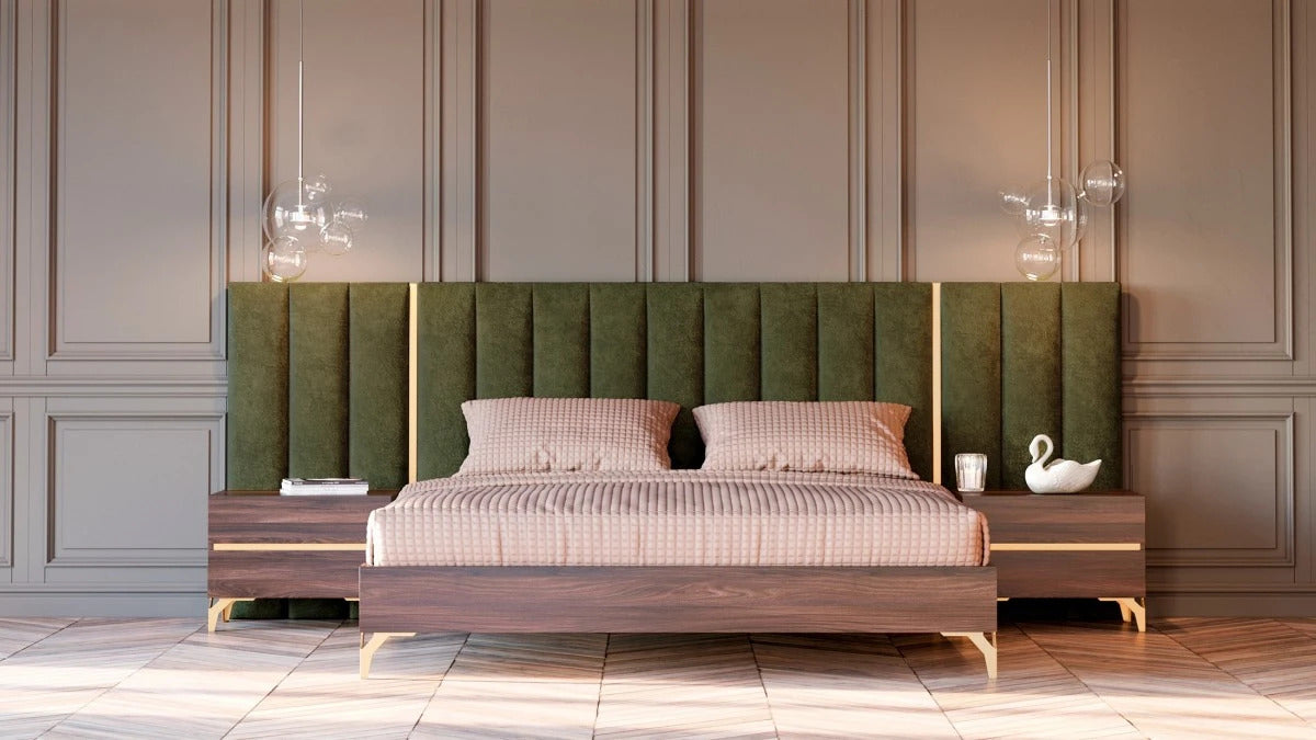 Bedroom Set Modern Walnut & Green Velvet Bedroom Set
