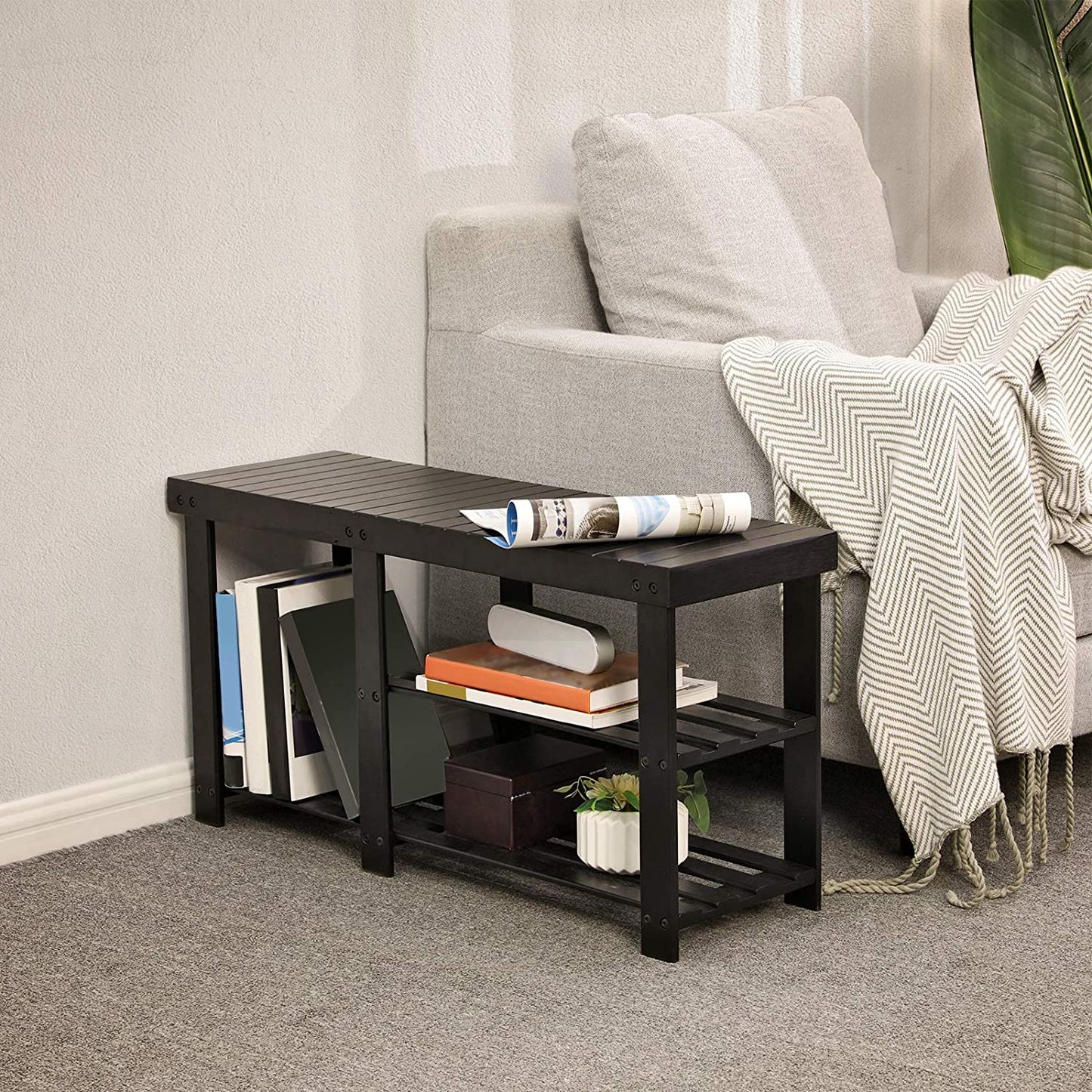 Benches : Bamboo Shoe Rack Bench & Storage Organizer, 3 Tiers Shoe Shelf