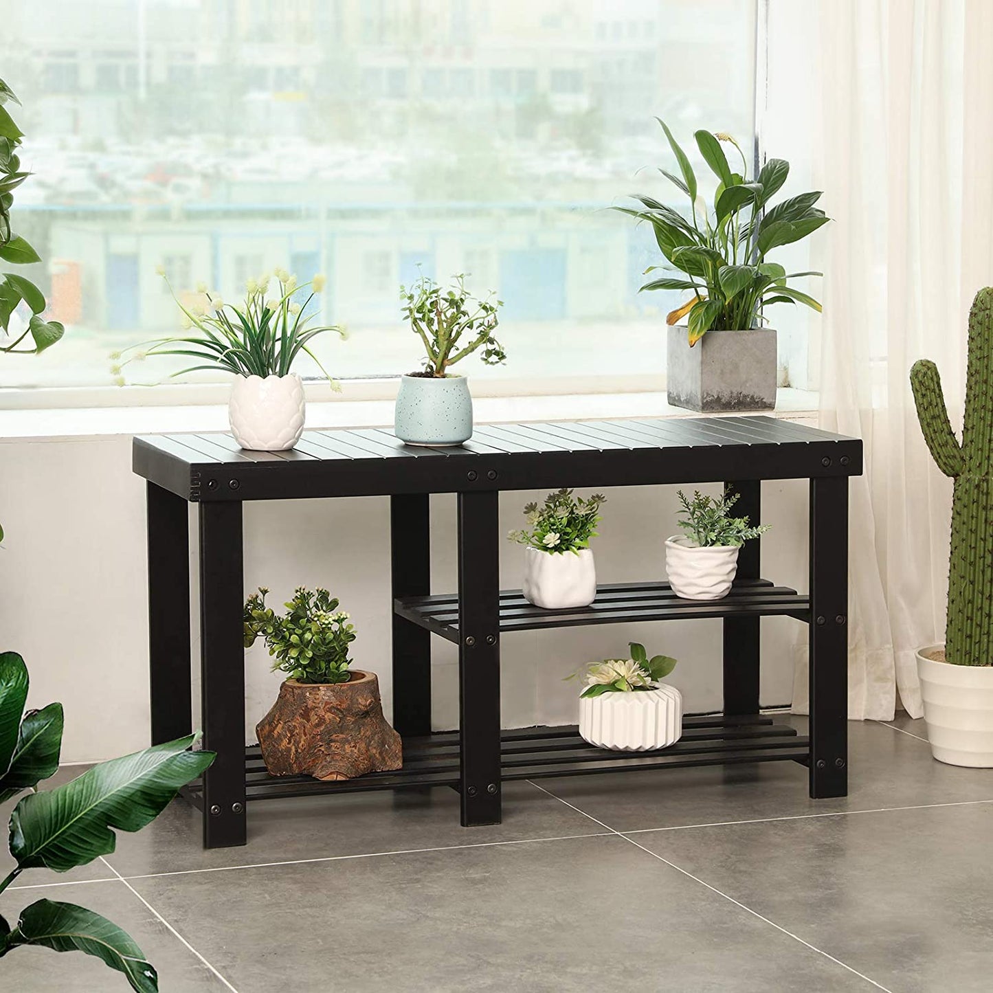 Benches : Bamboo Shoe Rack Bench & Storage Organizer, 3 Tiers Shoe Shelf