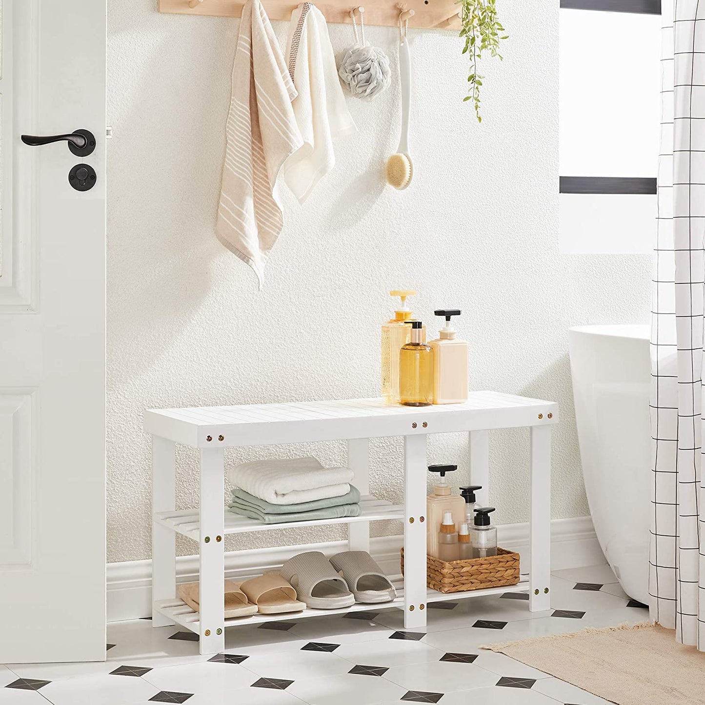 Benches : Bamboo Shoe Rack Bench & Storage Organizer, 3 Tiers Shoe Shelf