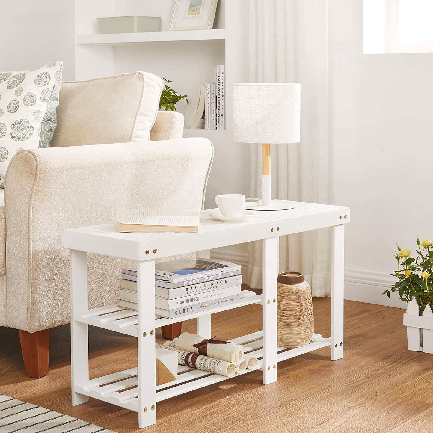 Benches : Bamboo Shoe Rack Bench & Storage Organizer, 3 Tiers Shoe Shelf
