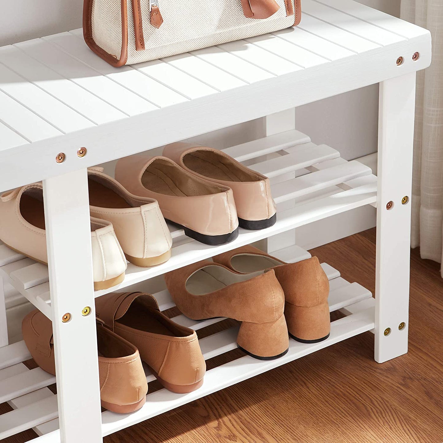 Benches : Bamboo Shoe Rack Bench & Storage Organizer, 3 Tiers Shoe Shelf