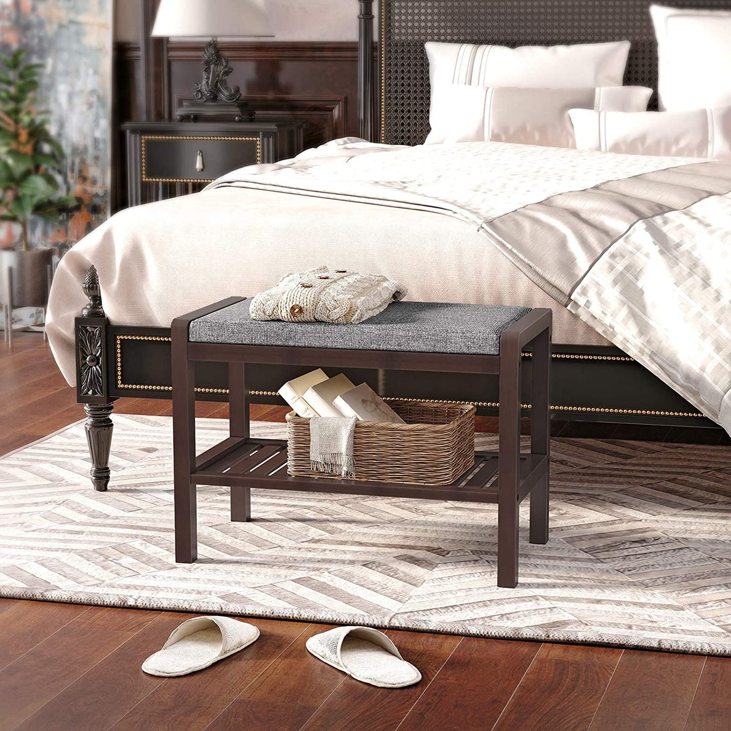 Benches Cushion Upholstered Padded Seat Storage Shelf Bench for Entryway Bedroom Living Room Hallway Garage