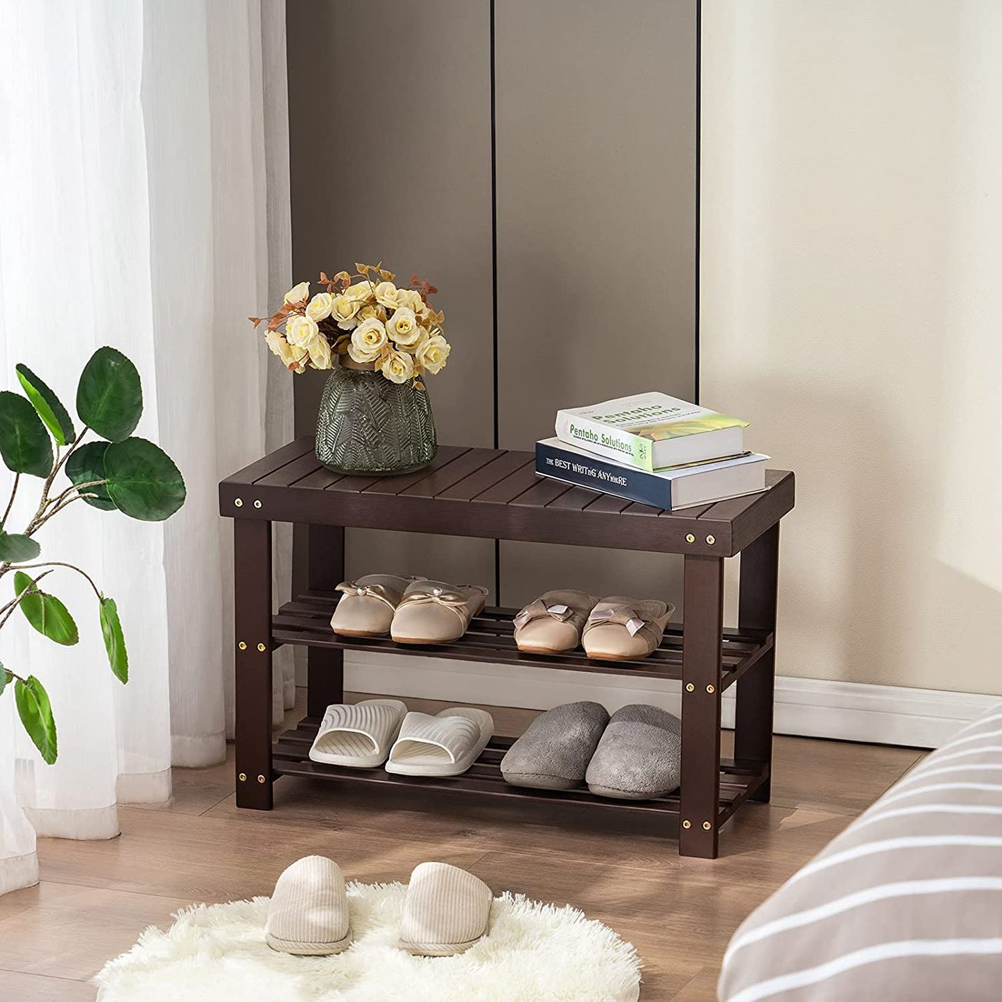 Benches: Entryway Storage Premium Shoe Organizer or Entryway Bench Dark Brown