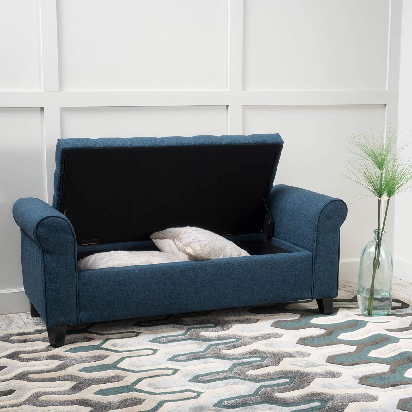 Benches Home Keiko Fabric Armed Storage Bench, Dark Blue