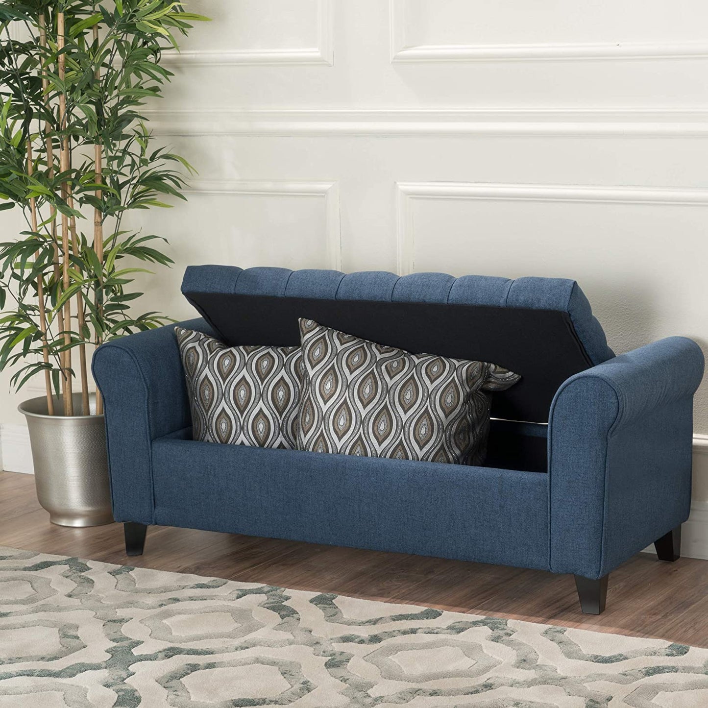 Benches Home Keiko Fabric Armed Storage Bench, Dark Blue