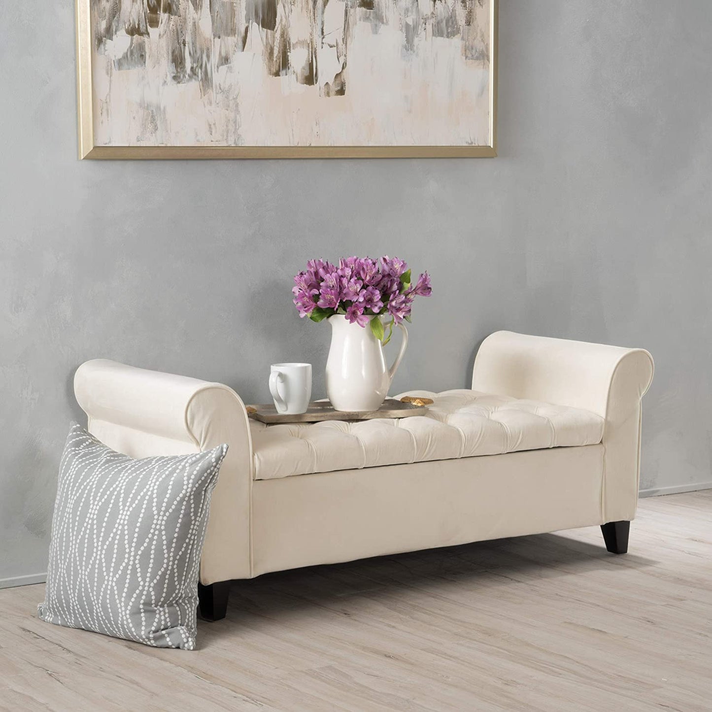 Benches Knight Home Velvet Armed Storage Bench, Ivory
