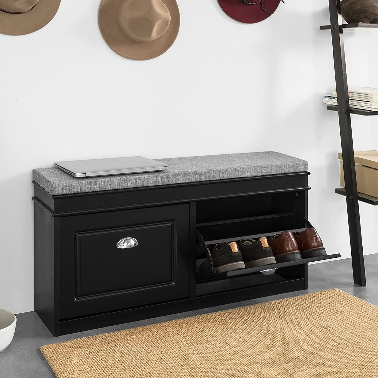 Benches Padded Seat Cushion, Hallway Bench Shoe Cabinet Shoe Bench (Black)