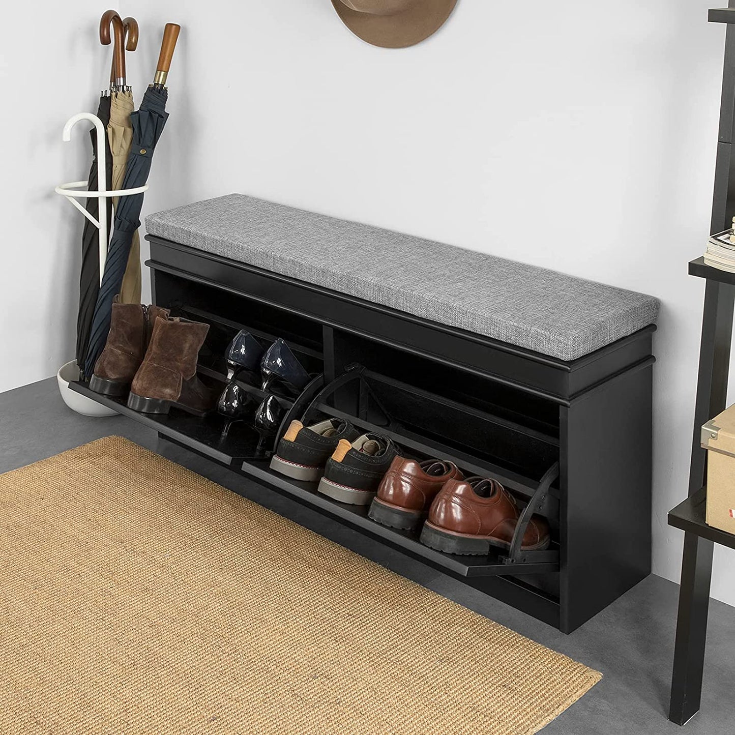 Benches Padded Seat Cushion, Hallway Bench Shoe Cabinet Shoe Bench (Black)