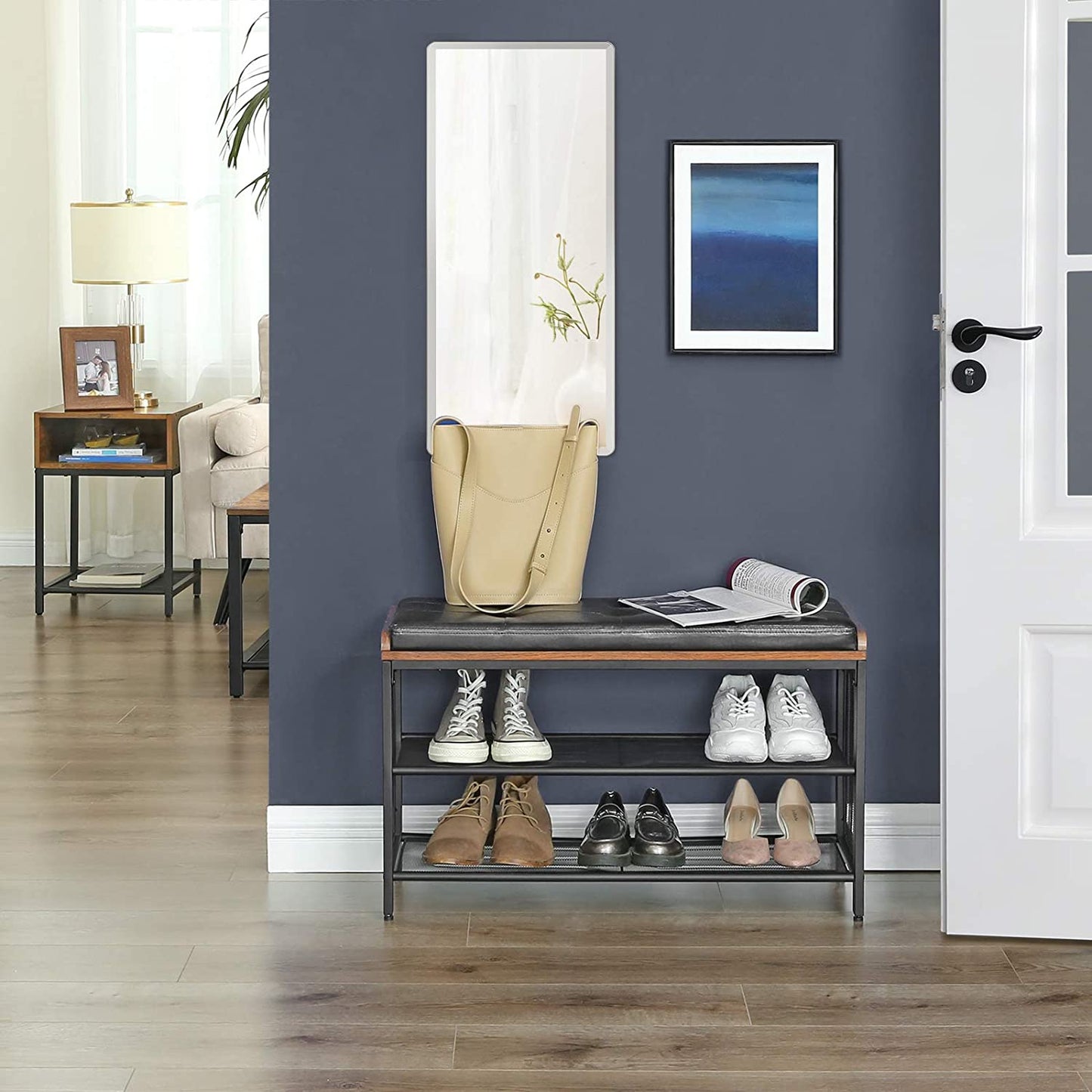 Benches: Padded Storage Bench with Mesh Shelf