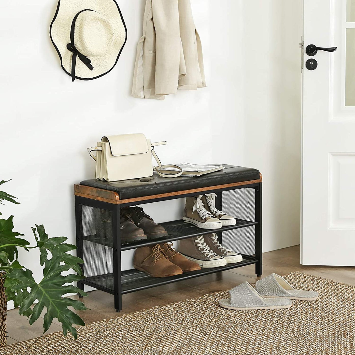 Benches: Padded Storage Bench with Mesh Shelf