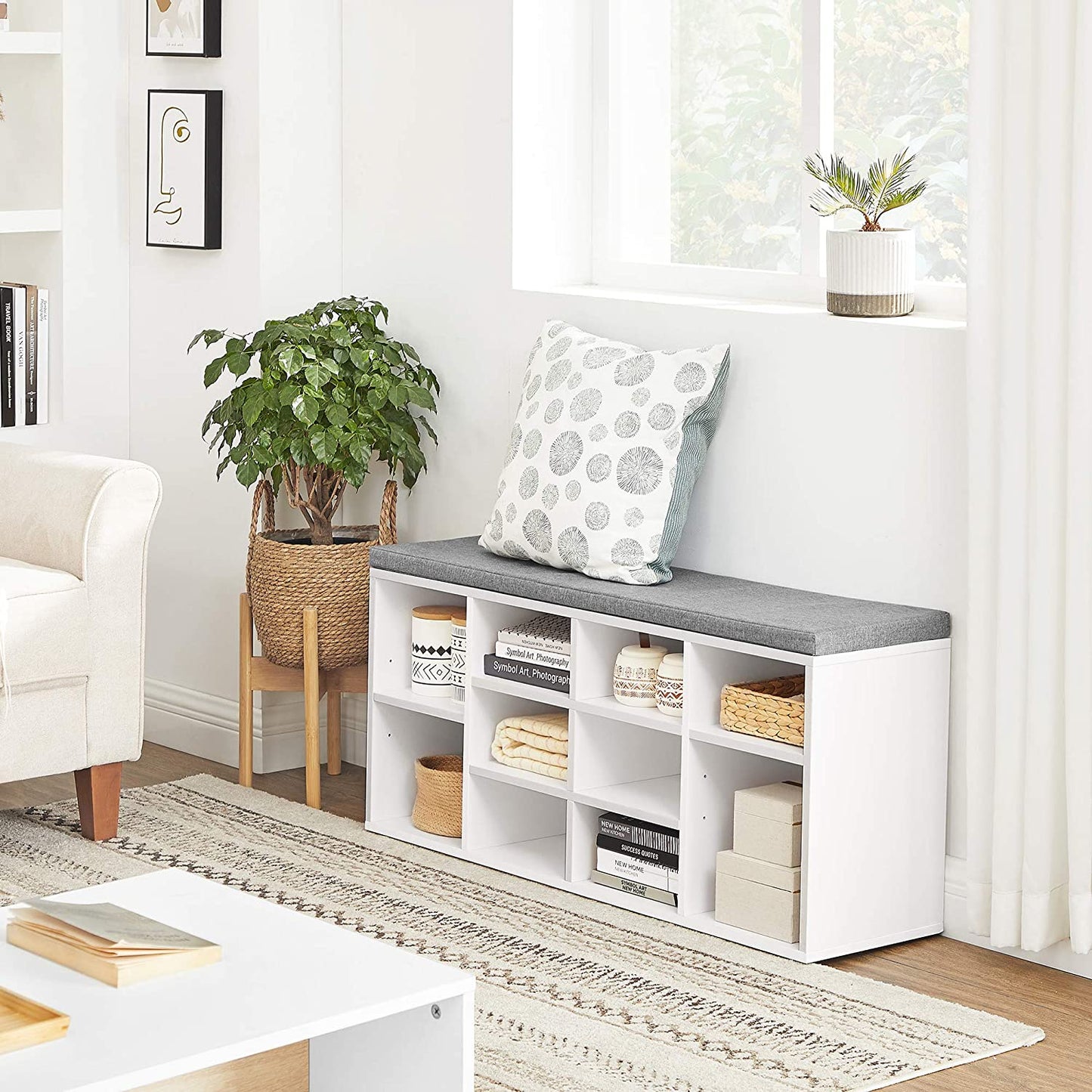 Benches : Shoe Cabinet Storage Bench with Cushion, Adjustable Shelves