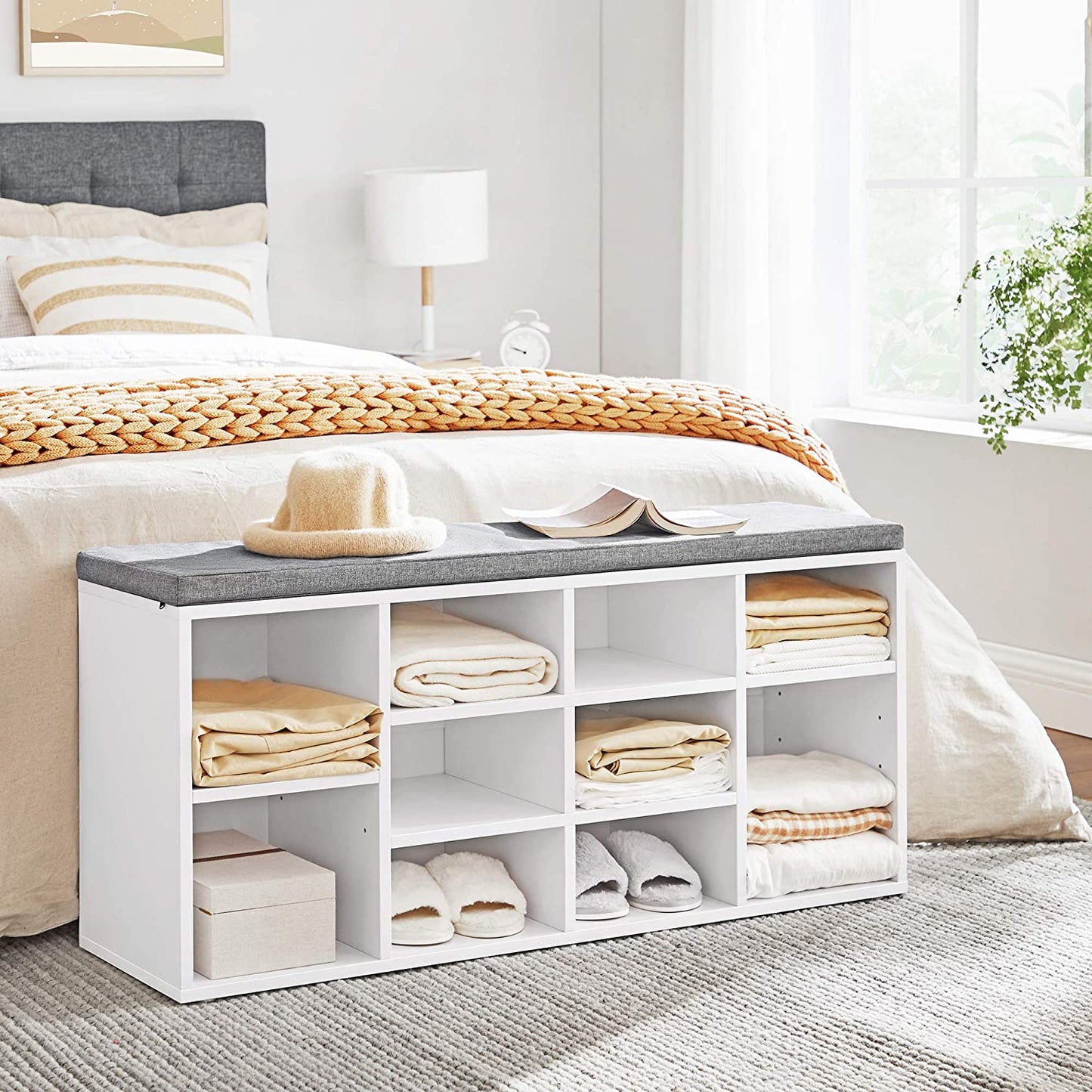 Benches : Shoe Cabinet Storage Bench with Cushion, Adjustable Shelves