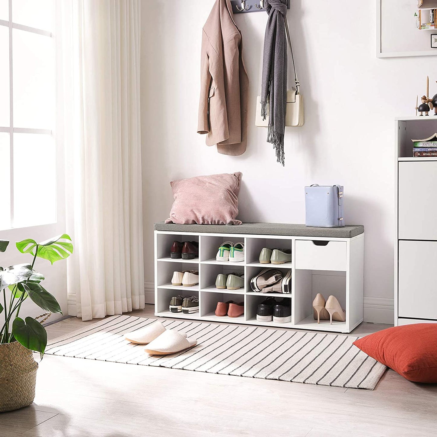 Benches Shoe Shelf, Padded Seat, for Entryway, Living Room, Bedroom, White and Gray