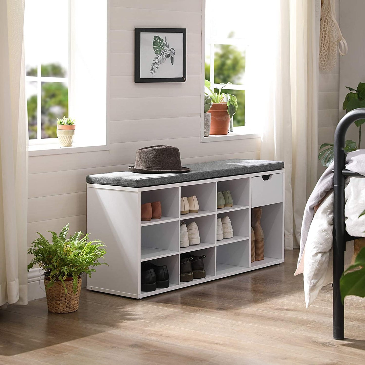 Benches Shoe Shelf, Padded Seat, for Entryway, Living Room, Bedroom, White and Gray