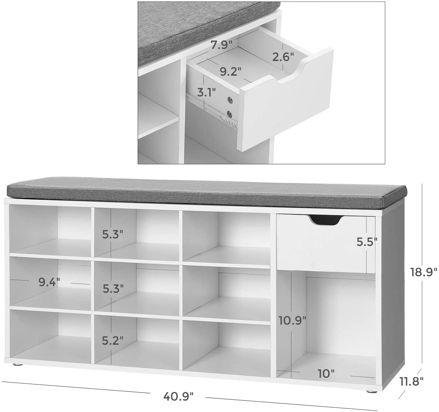 Benches Shoe Shelf, Padded Seat, for Entryway, Living Room, Bedroom, White and Gray