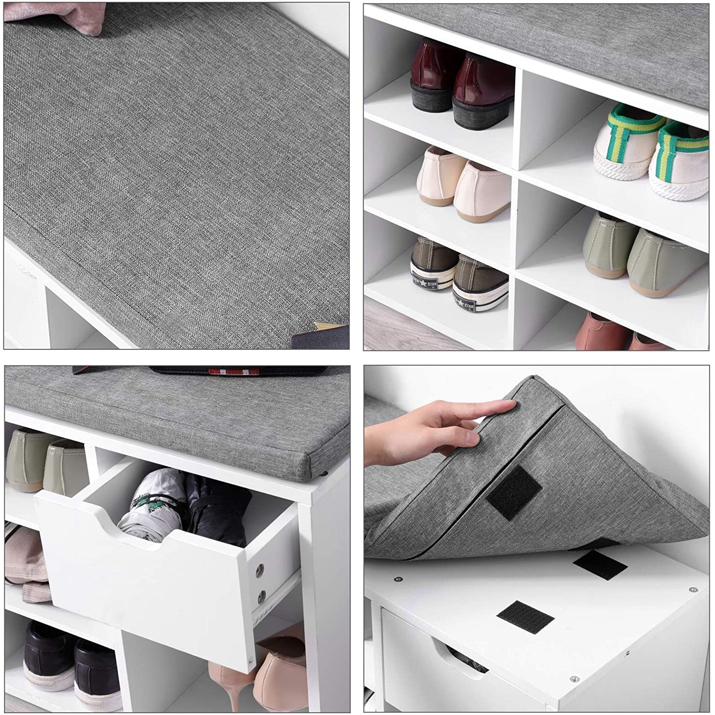 Benches Shoe Shelf, Padded Seat, for Entryway, Living Room, Bedroom, White and Gray