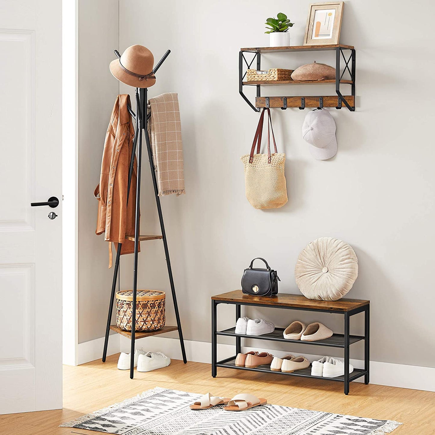 Benches Shoe Storage Organizer for Entryway Hall, Metal, Industrial, Rustic Brown and Black