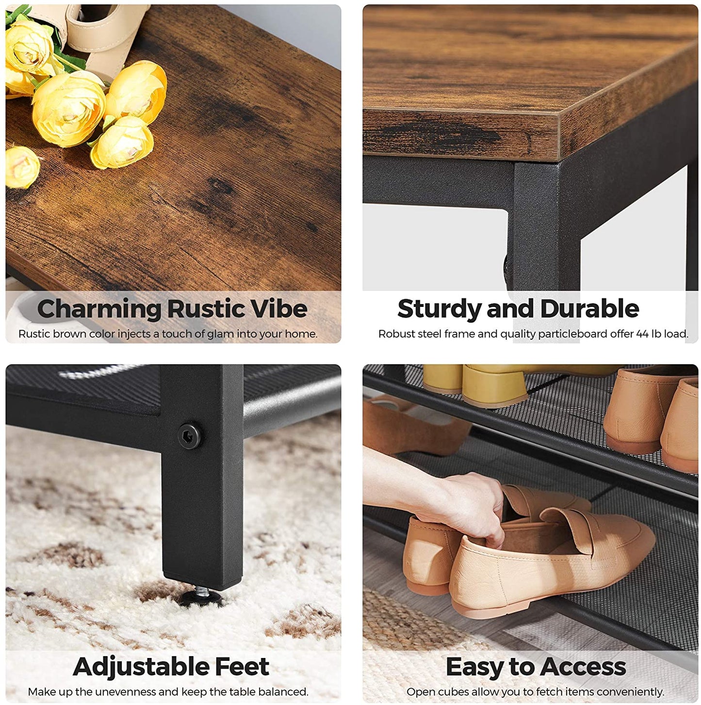 Benches Shoe Storage Organizer for Entryway Hall, Metal, Industrial, Rustic Brown and Black