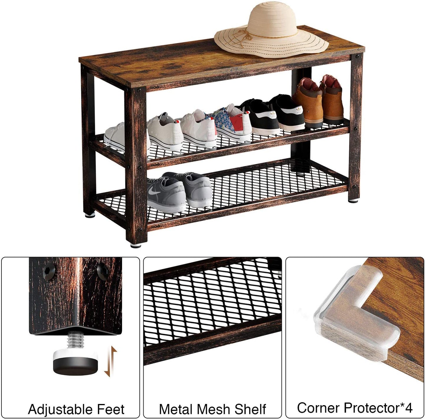 Benches Storage Entry Bench with Mesh Shelves Wood Seat, Rustic Foyer Bench for Hallway Front Door, Doorway, Living Room, Mudroom, Steel Frame, Rustic Brown