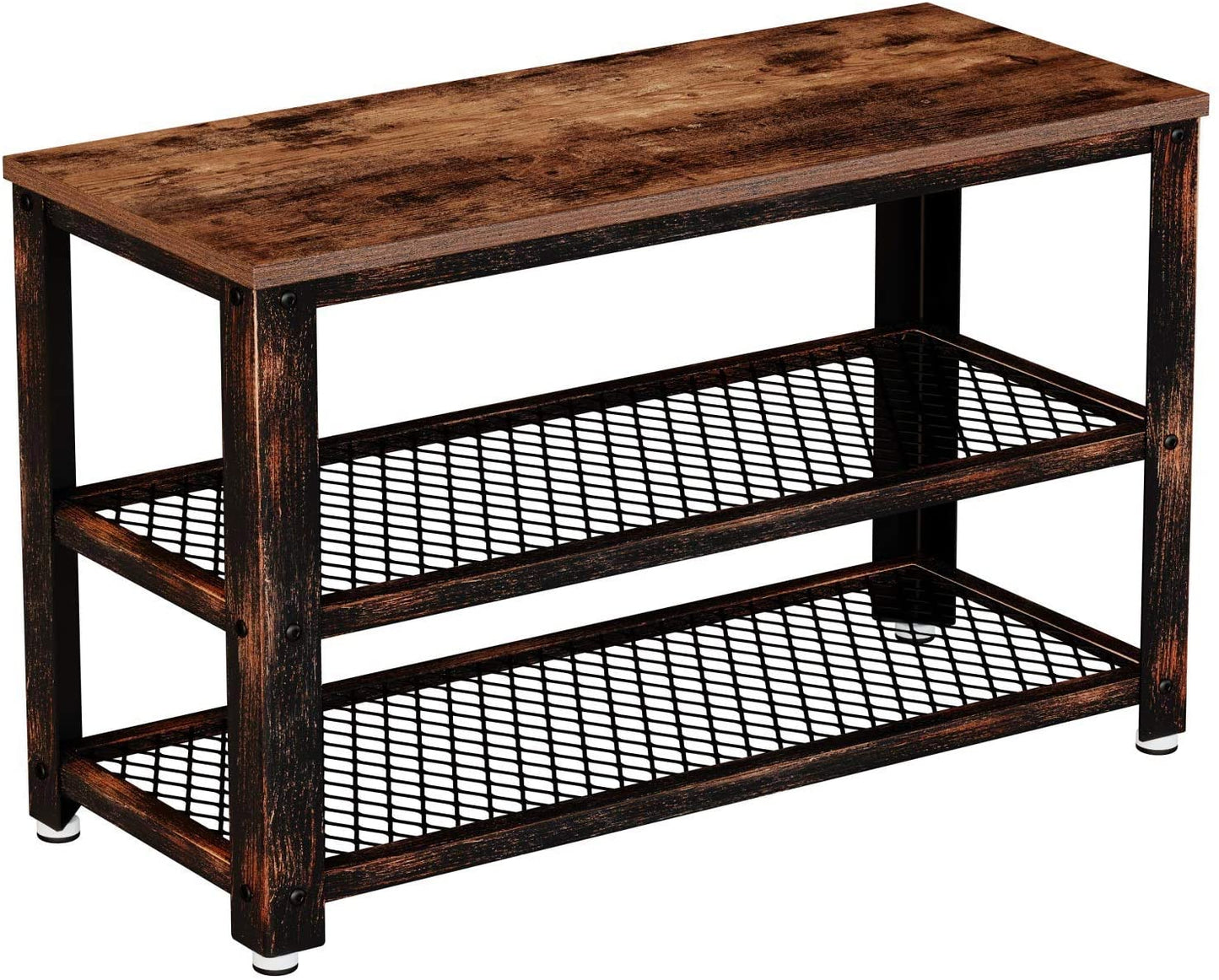 Benches Storage Entry Bench with Mesh Shelves Wood Seat, Rustic Foyer Bench for Hallway Front Door, Doorway, Living Room, Mudroom, Steel Frame, Rustic Brown