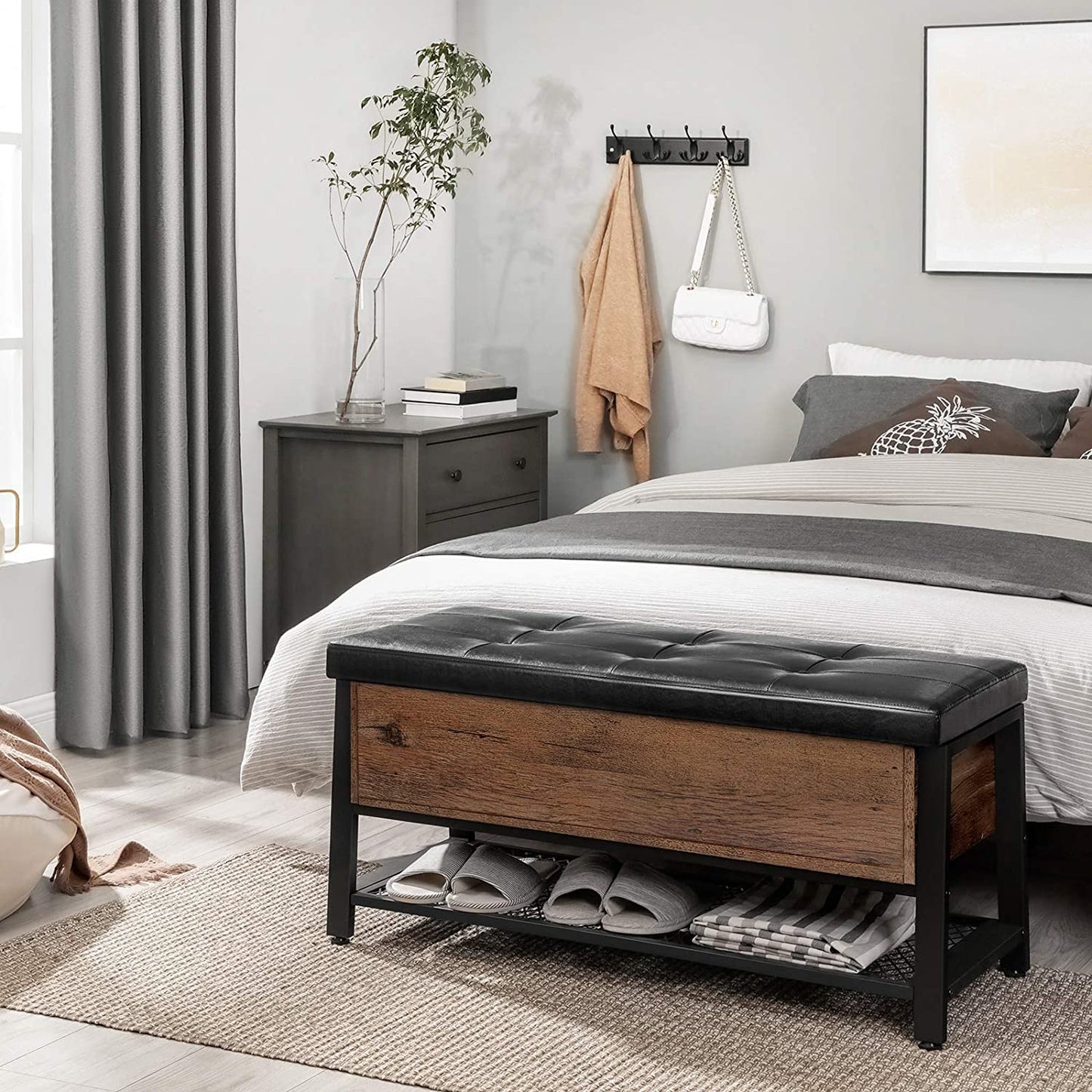 Benches Sturdy Steel Frame, Hallway, Living Room, Hazelnut Brown and Black