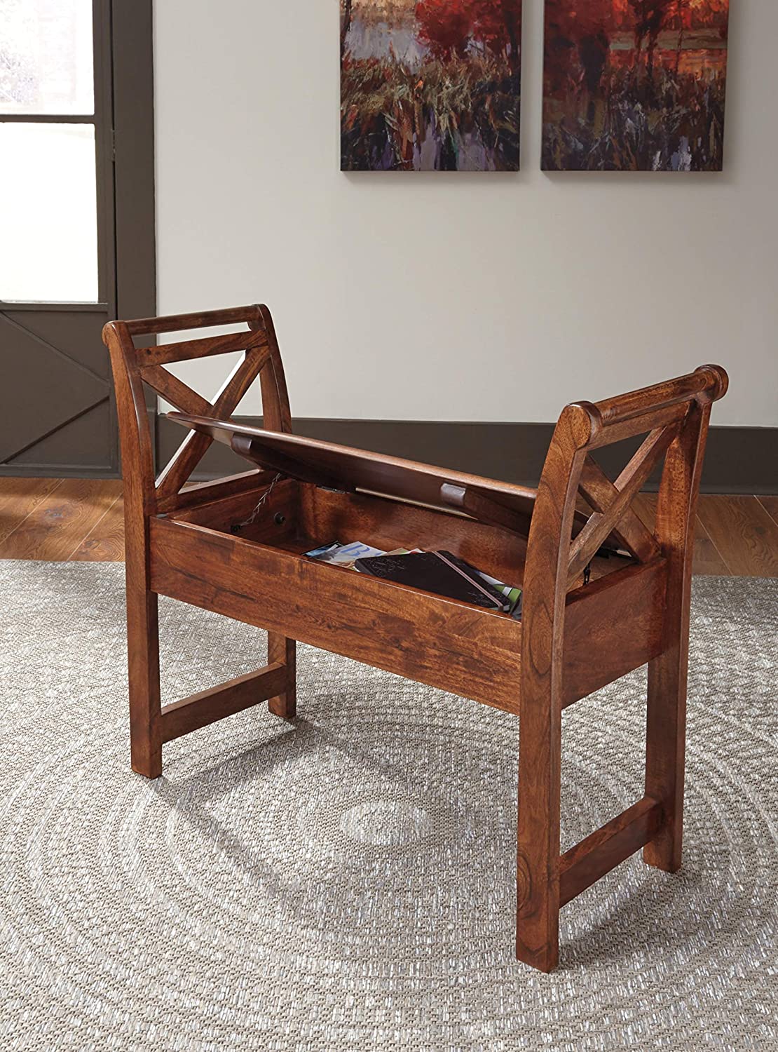 Benches Traditional Accent Bench with Hidden Storage Under Seat, Brown