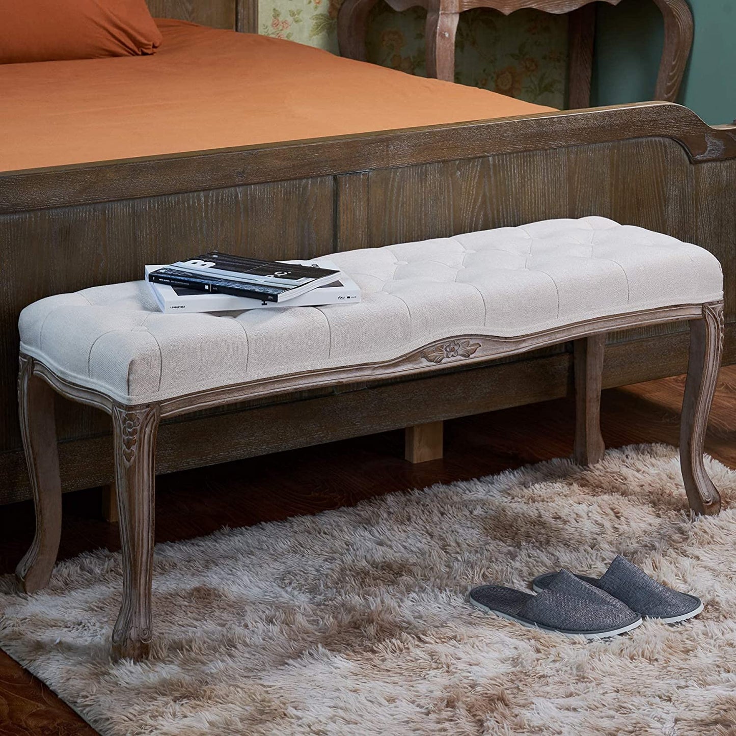 Benches: Vintage Bench with Padded Seat & Rubberwood Legs