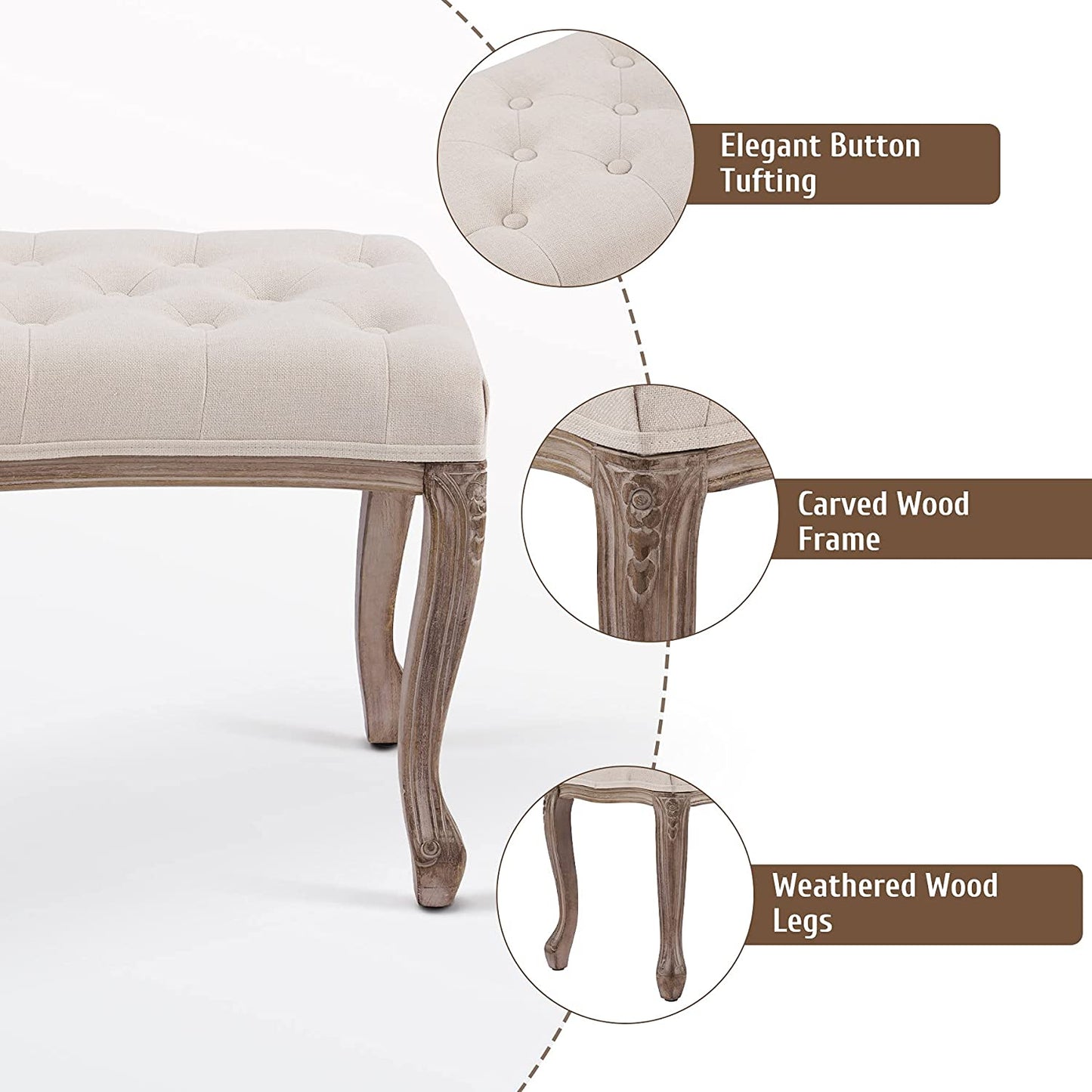 Benches: Vintage Bench with Padded Seat & Rubberwood Legs
