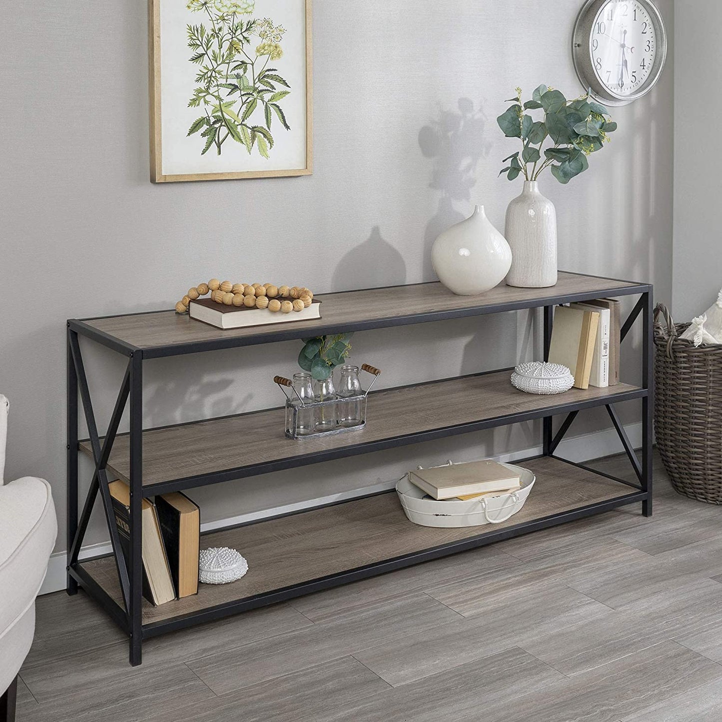 Bookshelf: 2 Shelf Industrial Wood Metal Bookcase Storage