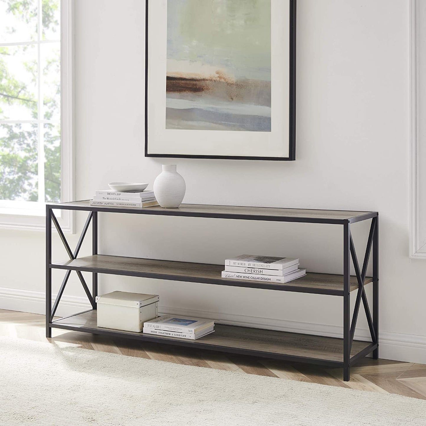 Bookshelf: 2 Shelf Industrial Wood Metal Bookcase Storage