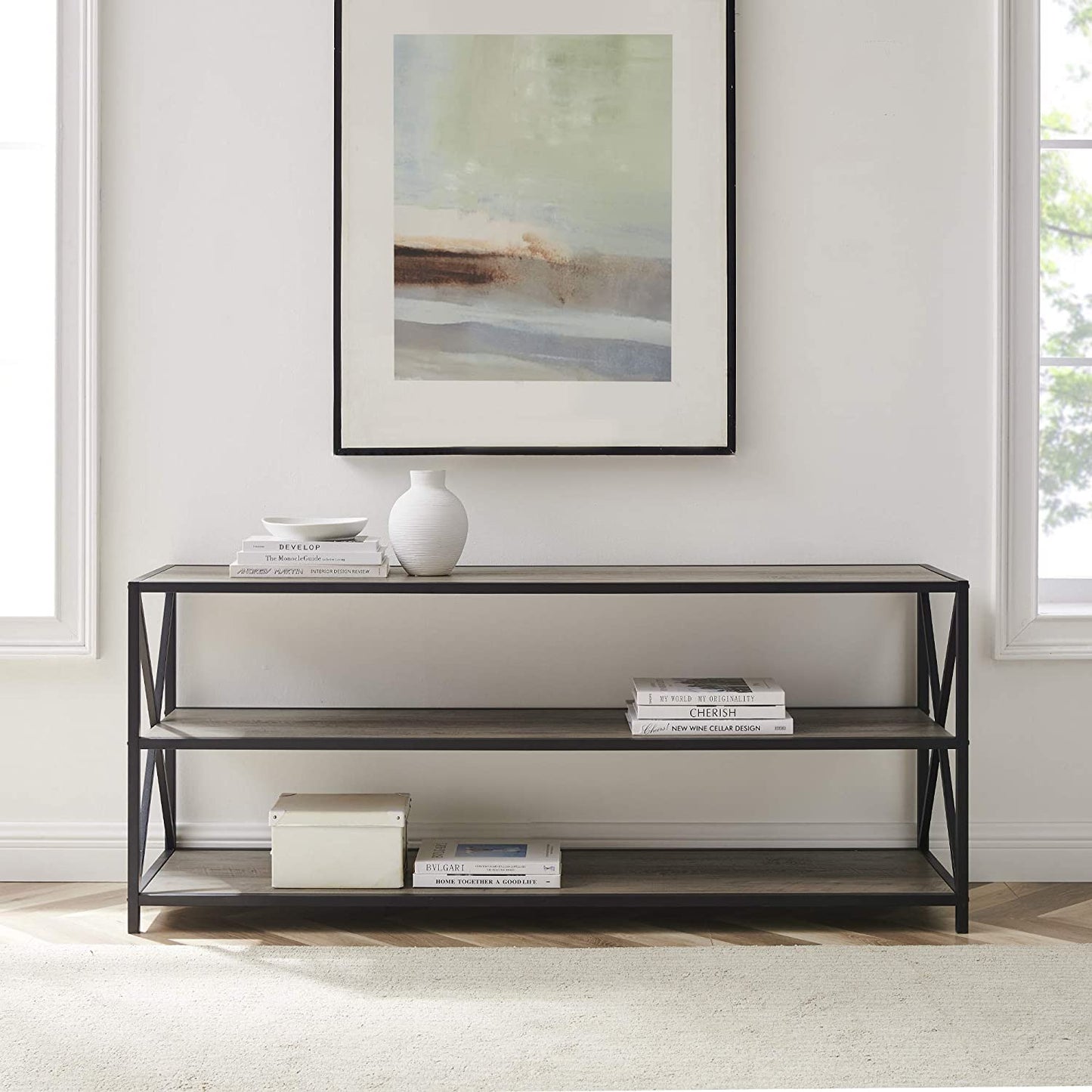 Bookshelf: 2 Shelf Industrial Wood Metal Bookcase Storage
