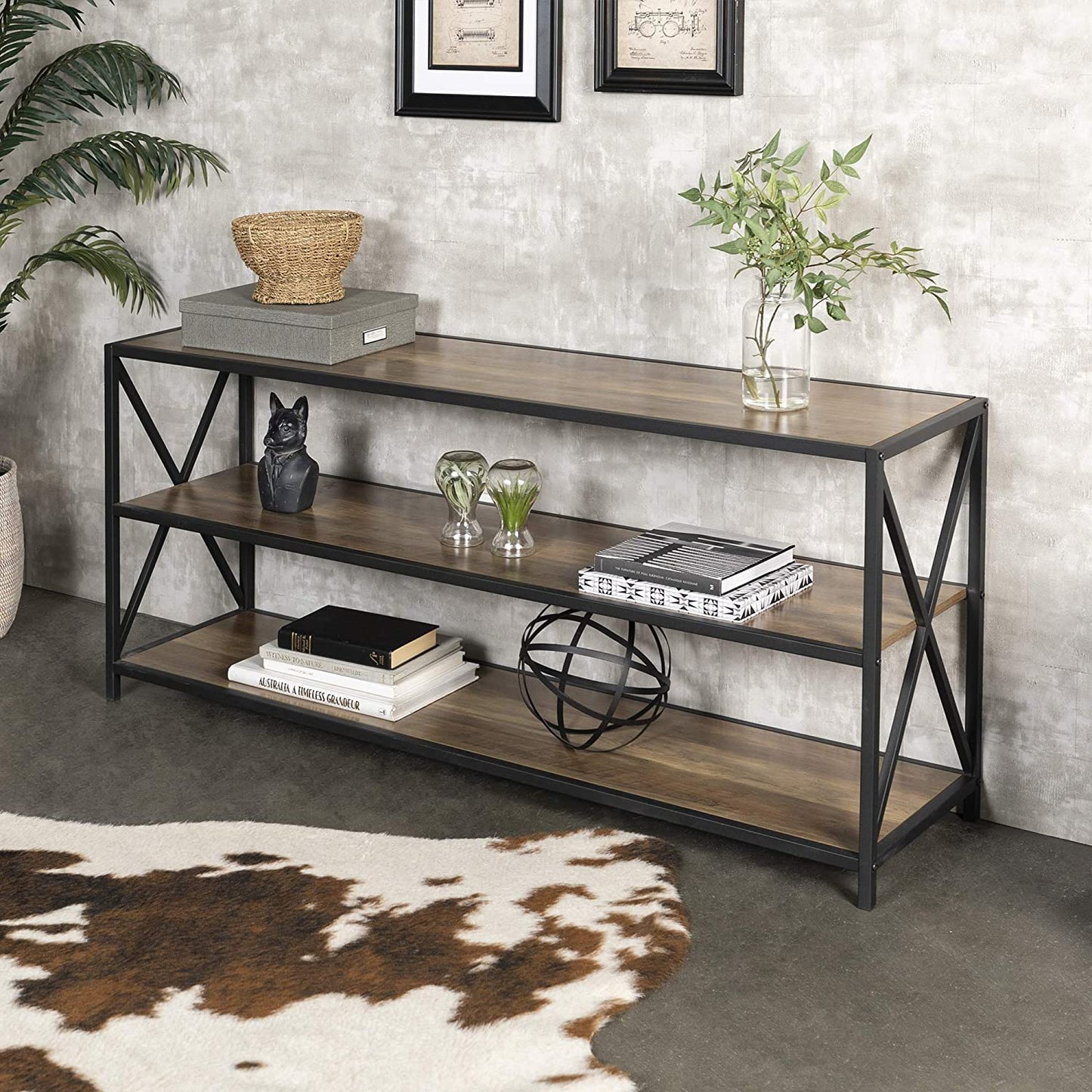 Bookshelf: 2 Shelf Industrial Wood Metal Bookcase Storage