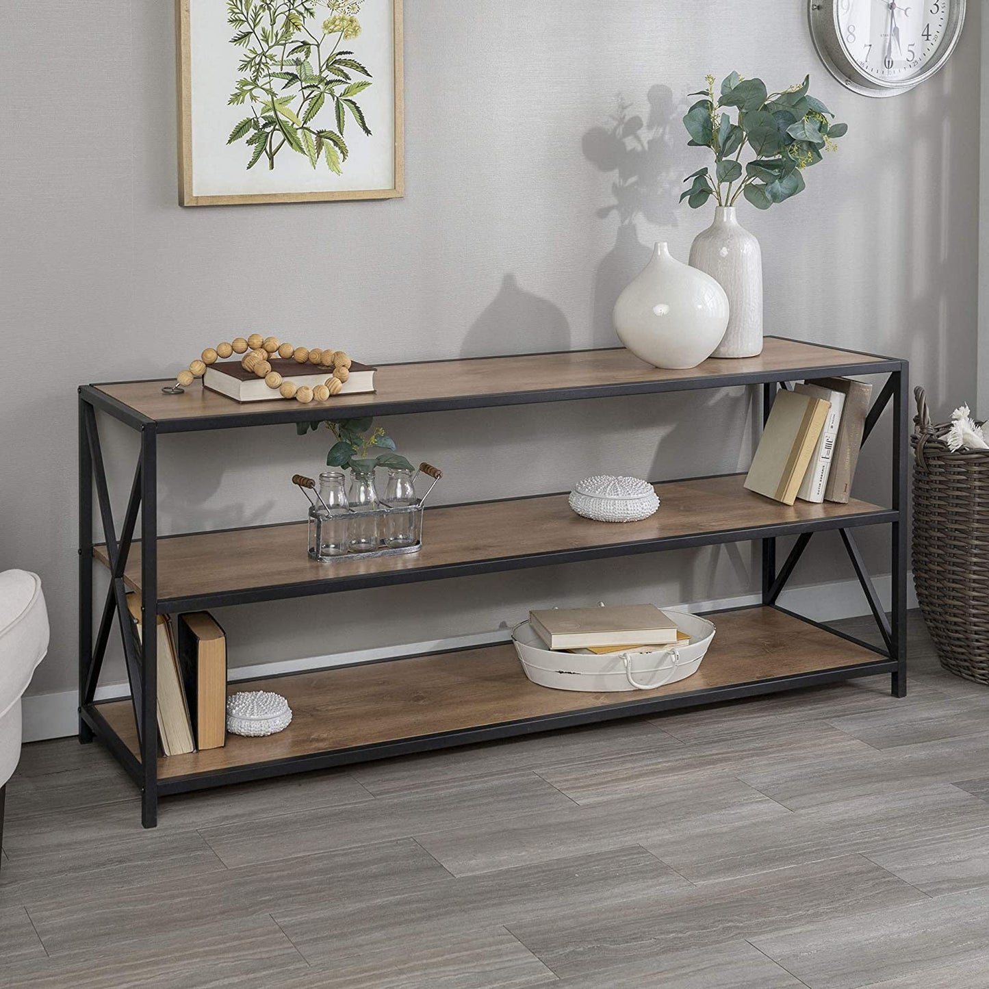 Bookshelf: 2 Shelf Industrial Wood Metal Bookcase Storage