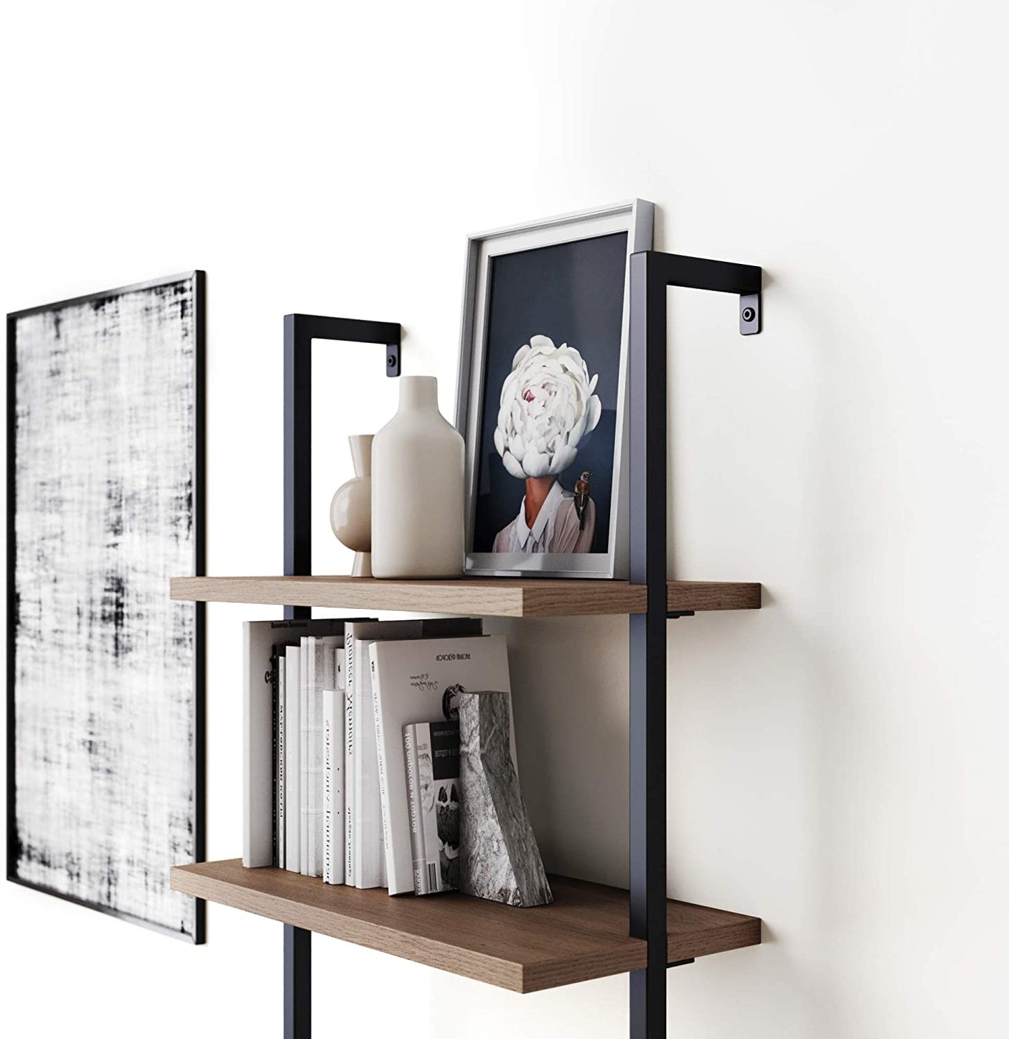 Bookshelf: 5-Shelf Oak Wood Modern Bookcase, Black Metal Frame