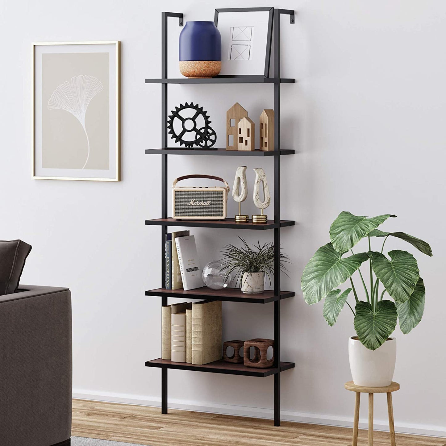Bookshelf: 5-Shelf Oak Wood Modern Bookcase, Black Metal Frame