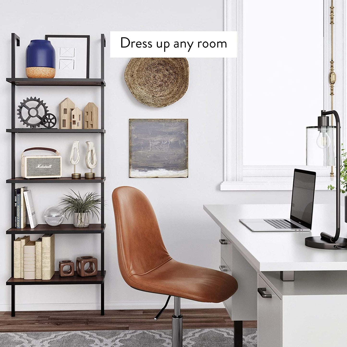 Bookshelf: 5-Shelf Oak Wood Modern Bookcase, Black Metal Frame