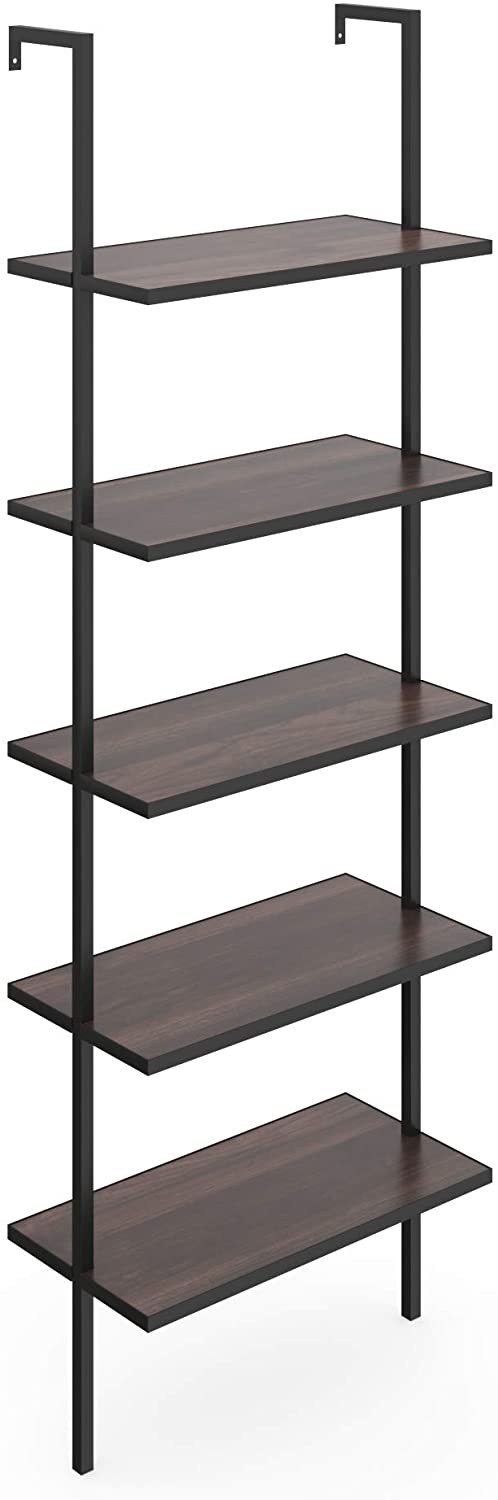 Bookshelf: 5-Shelf Oak Wood Modern Bookcase, Black Metal Frame