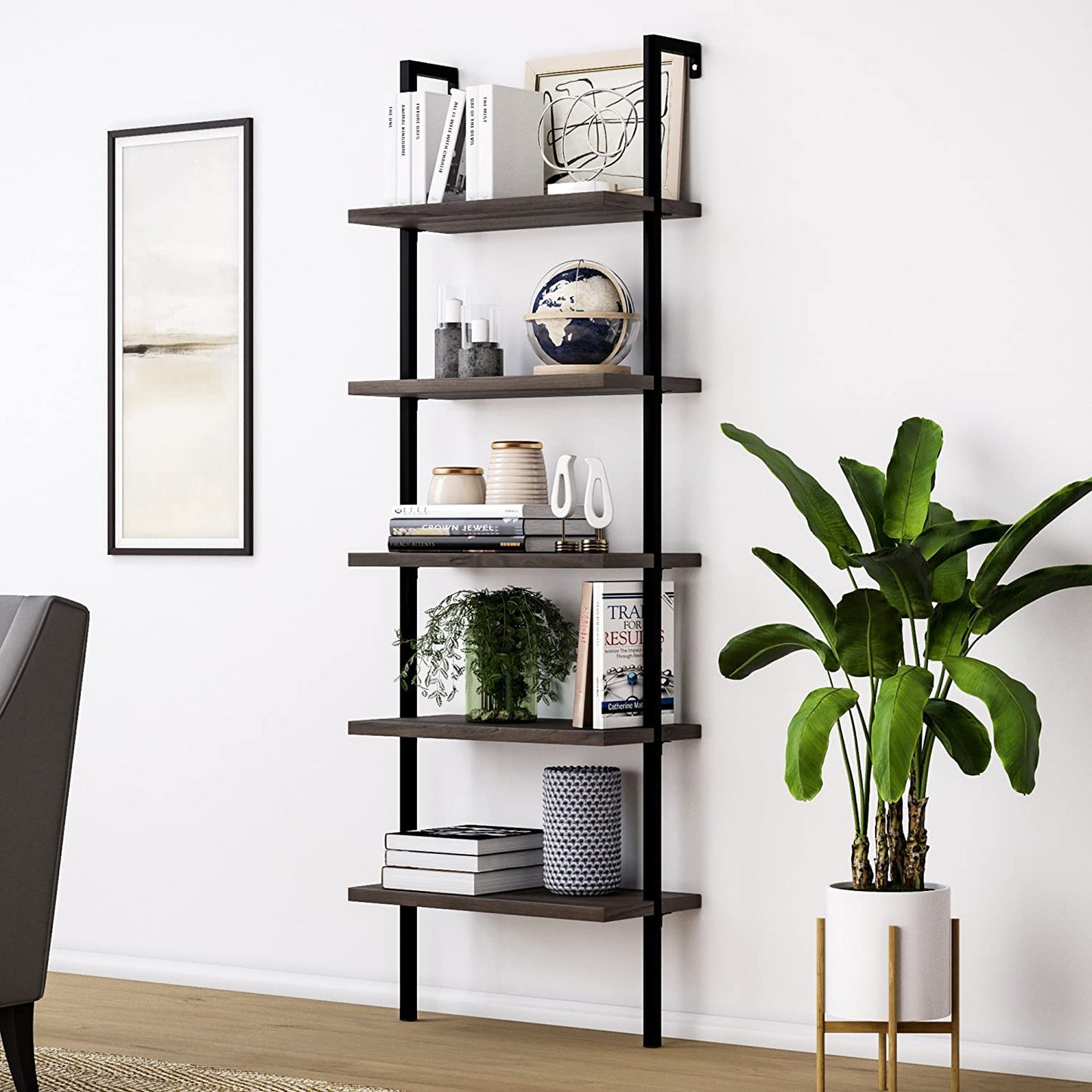 Bookshelf: 5-Shelf Oak Wood Modern Bookcase, Black Metal Frame