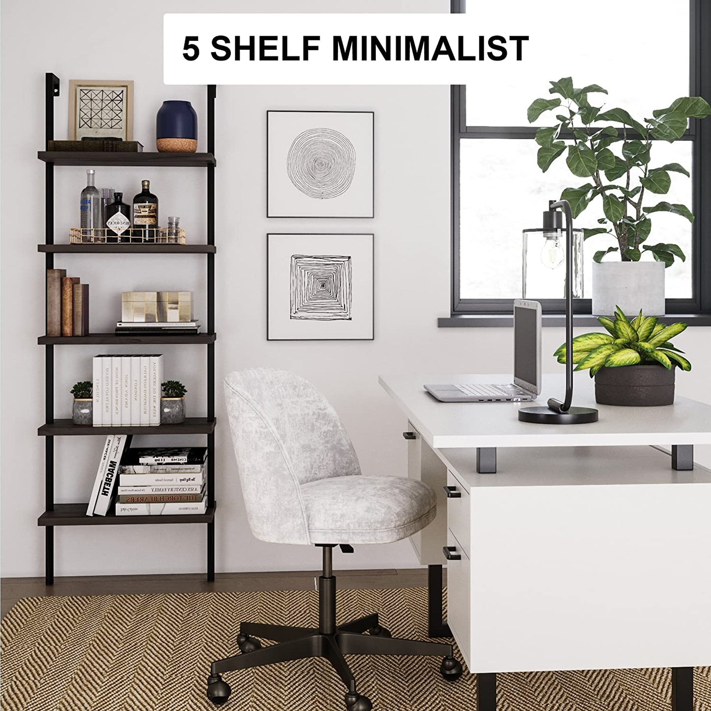 Bookshelf: 5-Shelf Oak Wood Modern Bookcase, Black Metal Frame