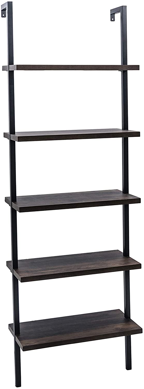 Bookshelf: 5-Shelf Oak Wood Modern Bookcase, Black Metal Frame