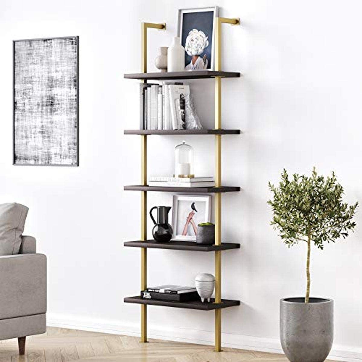 Bookshelf: 5-Shelf Oak Wood Modern Bookcase, Black Metal Frame