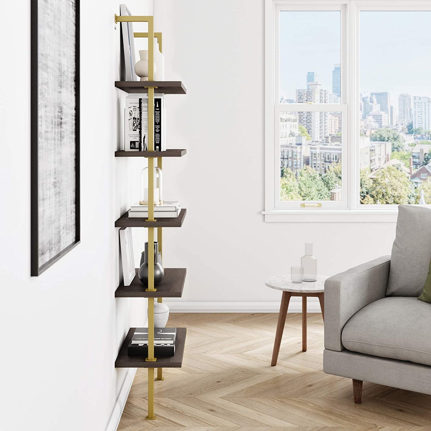 Bookshelf: 5-Shelf Oak Wood Modern Bookcase, Black Metal Frame